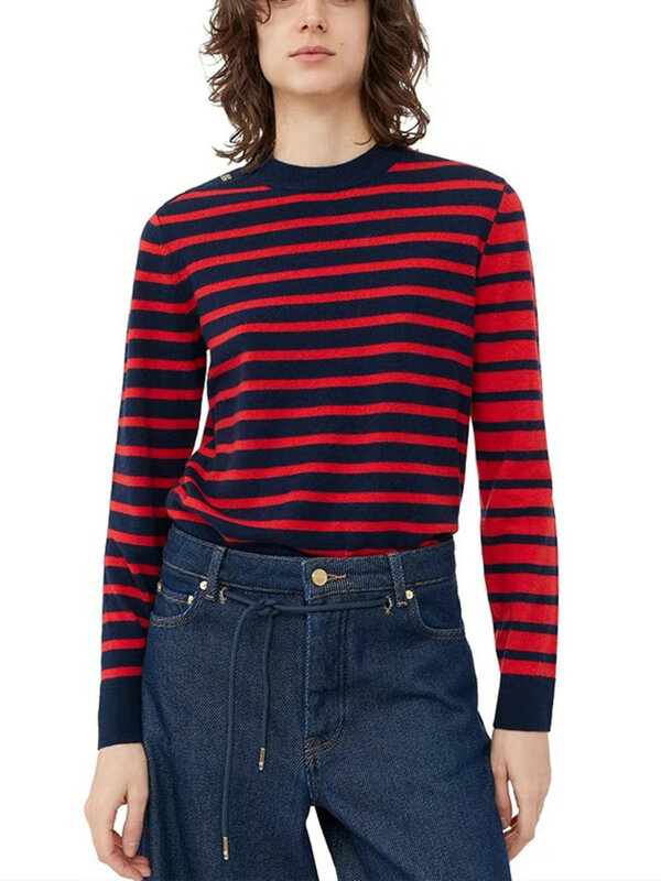 Suéter de manga larga con cuello redondo para mujer, Jersey de punto a rayas de Color de contraste, para otoño e invierno, 2023
