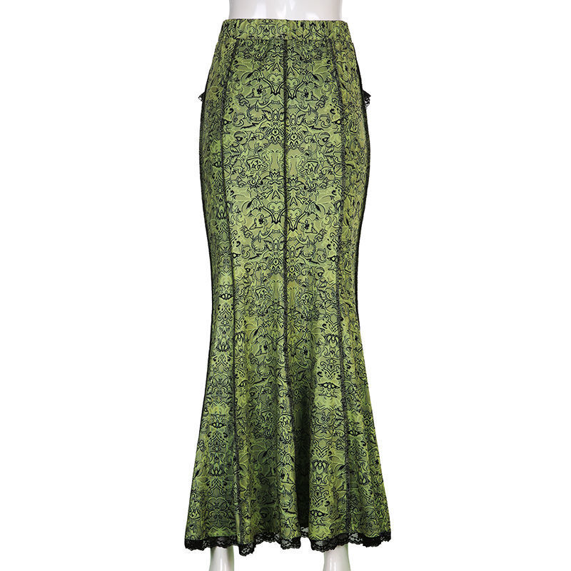 Retro Fresh Green Fashion Street Shoot Personalized Mid length Skirt Women Elegant Sexy Antique Half length Skirt