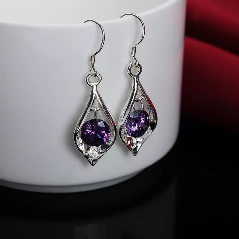 Fine 925 Sterling Silver Luxury Purple Crystal Zircon Earrings Cute Lovely Charms for Woman Engagement Wedding Jewelry Gift