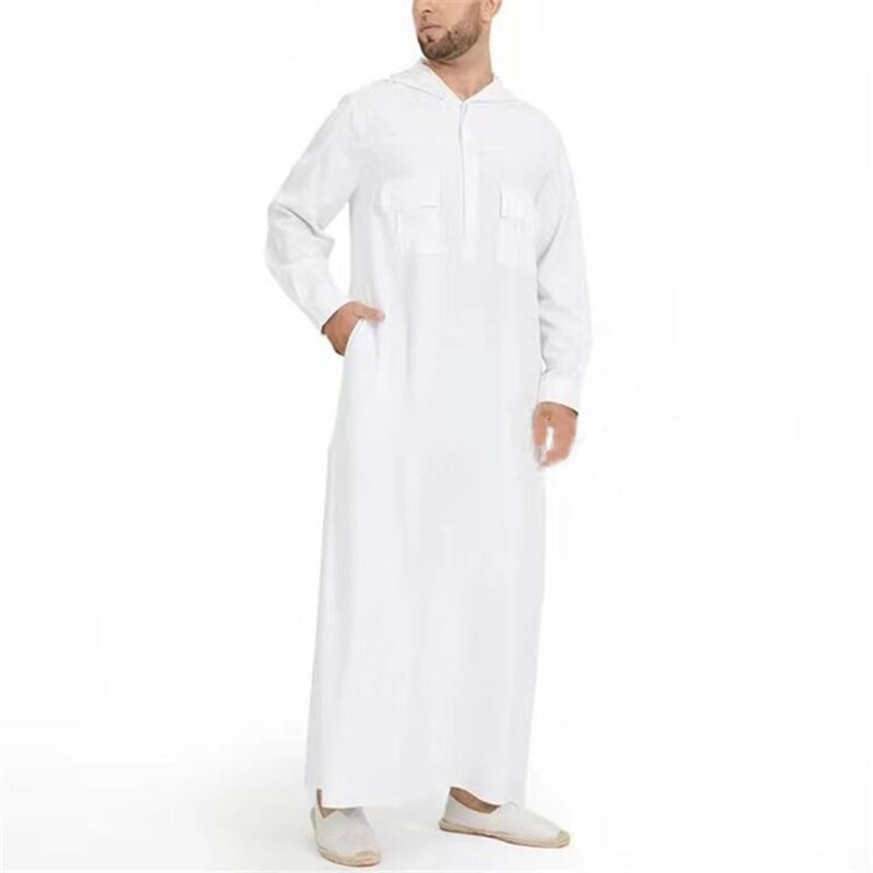 Muslim encapuçado robes multi-bolsos kaftan médio oriente botões jubba thobe masculino