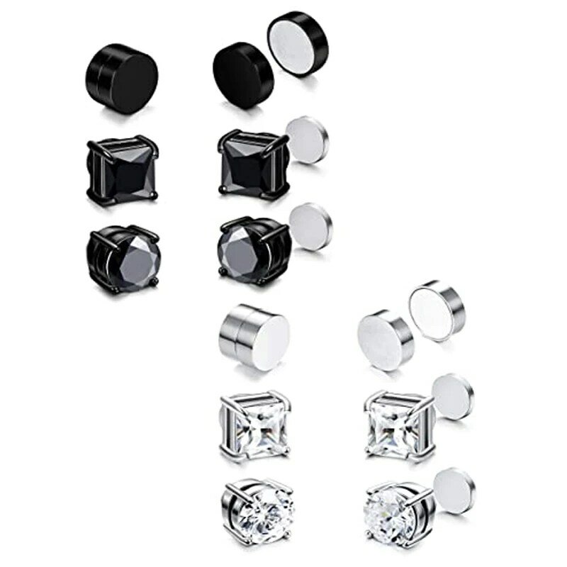 1 Pairs/6 Pairs Of Magnetic Stud Earrings Men And Women Black CZ Magnet Non-piercing Clip Earring Set Round Black Steel