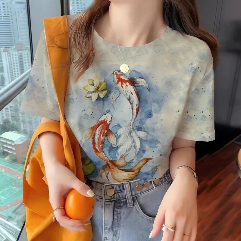 T-shirt à col rond pour femme, haut imprimé poisson, pull d'été, manches courtes, élégant et à la mode