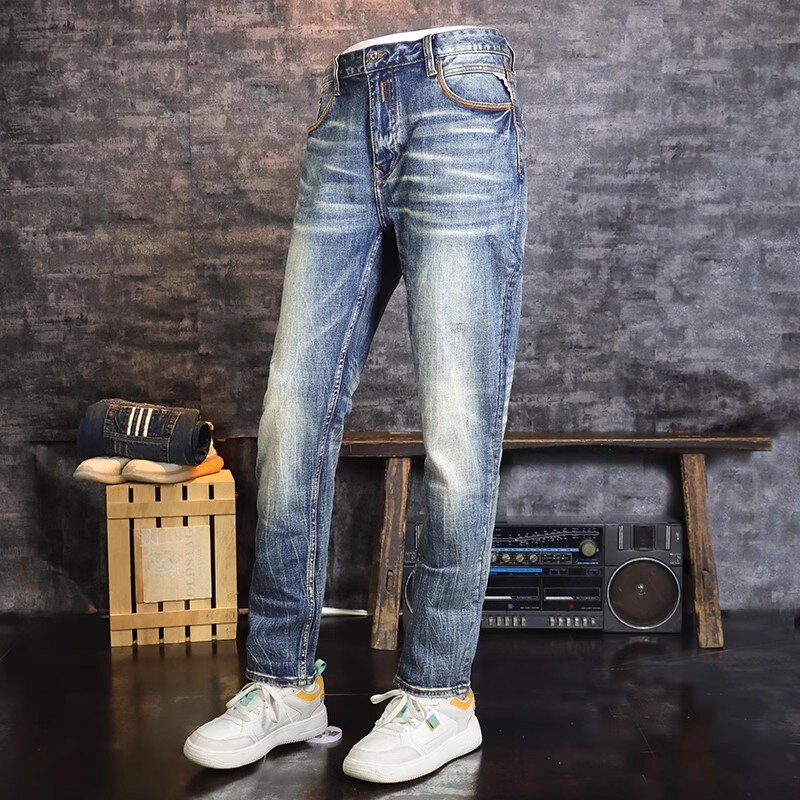 Italian Style Fashion Men Jeans Retro Washed Blue High Quality Stretch Slim Fit Ripped Jeans Men Vintage Designer Denim Pants