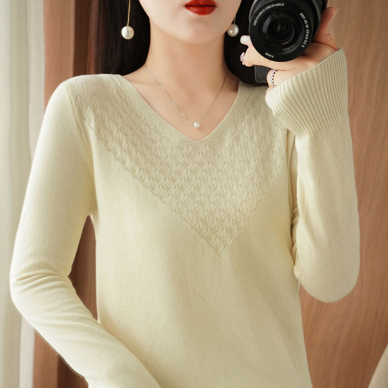 Женский трикотажный пуловер, однотонный теплый свитер с V-образным вырезом и длинным рукавом, Осень-зима 2023