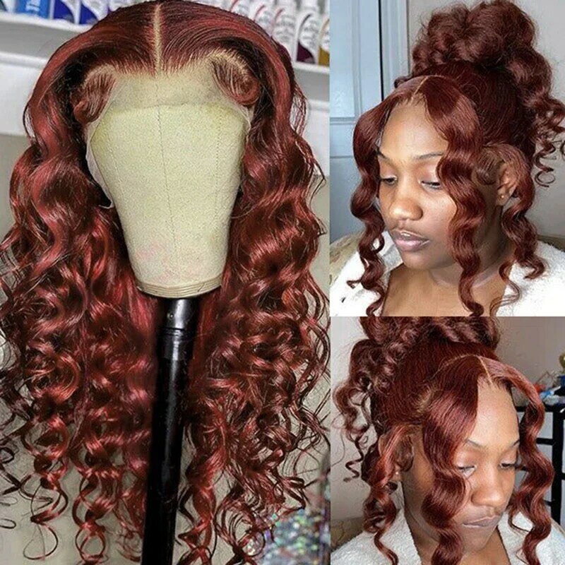 Reddish Brown Loose Deep Wave Human Hair Wig 13x6 HD Lace Front Wigs PrePlucked Raw Indian Curly Red Brown Lace Frontal Wig 180%