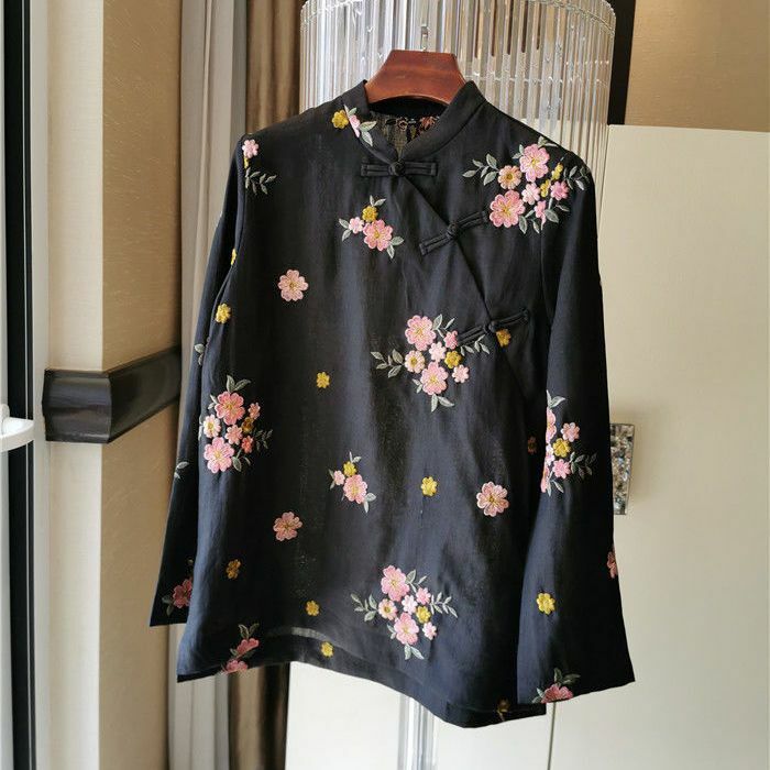 Chinese Retro Style Improved Cheongsam Top women's Temperament Standing Collar long-sleeved Shirt Daily Qipao Blouse