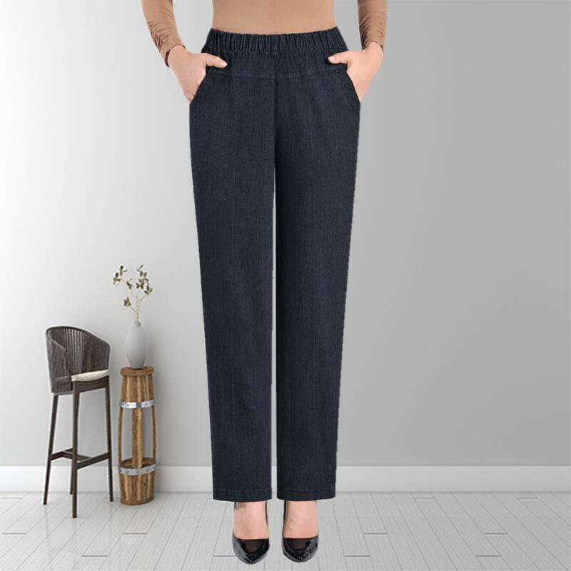Dżinsy damskie w średnim wieku wiosenne jesienne spodnie z wysokim stanem Plus size luźny dżins casualowe spodnie damskie ze Stretch talii z prostymi nogawkami