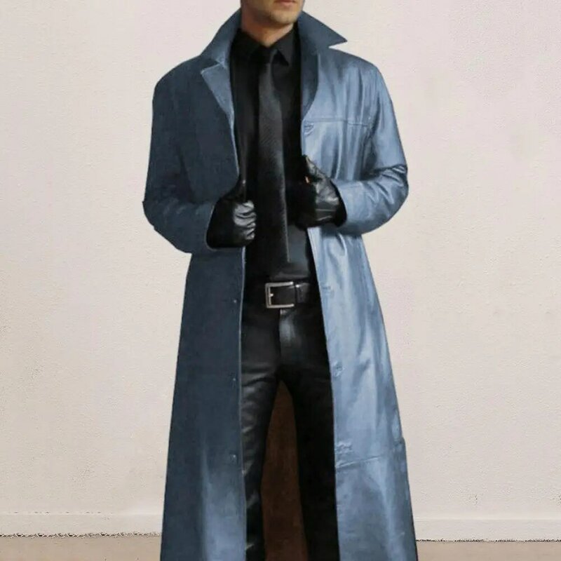 Jaqueta de couro falso masculina, jaqueta justa à prova de vento, streetwear longo, trench coat com gola virada para baixo
