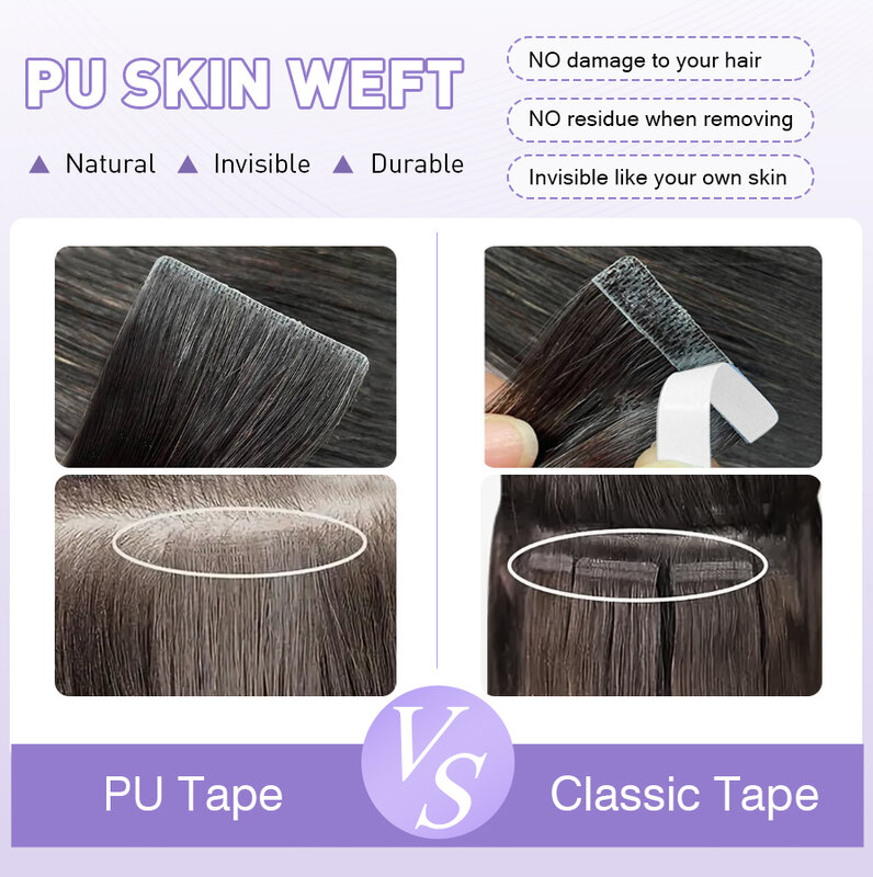 AW-PU Skin Weft Tape extensões de cabelo, fita invisível na injeção de cabelo, cabelo humano Remy reto, mão amarrada virgem, 8 PCs, 16PCs