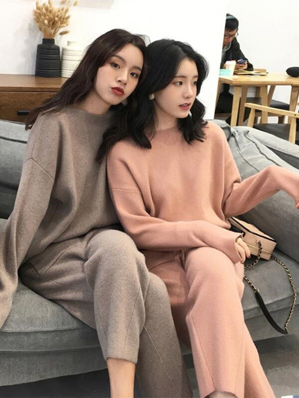 Women Two Piece Knitted Sweater Sets Winter Tracksuit Spring Autumn Fashion CHIC Sweatshirts Outwear Pant Suit Female