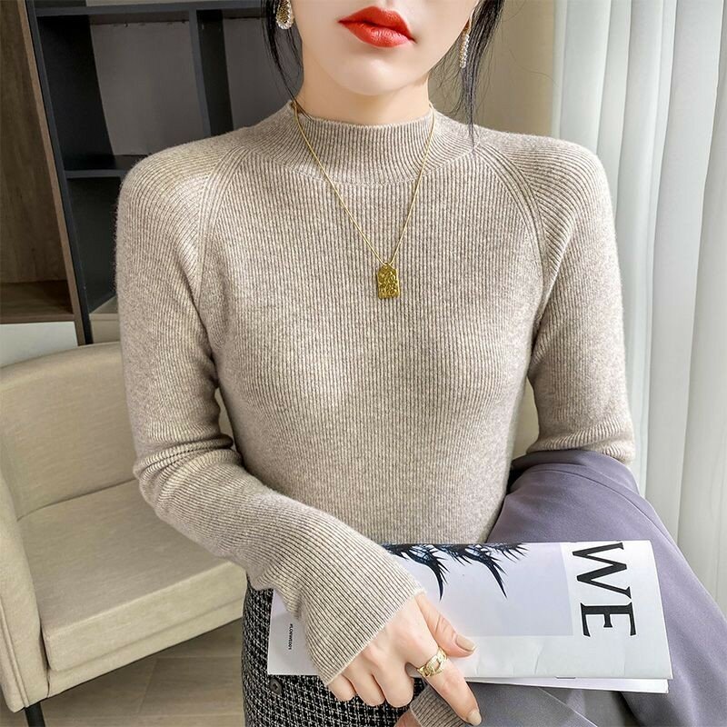 Women's Half High Collar Long Sleeve Sweater Lady Autumn Winter Basic Pullover Sweater Solid Color Jumper