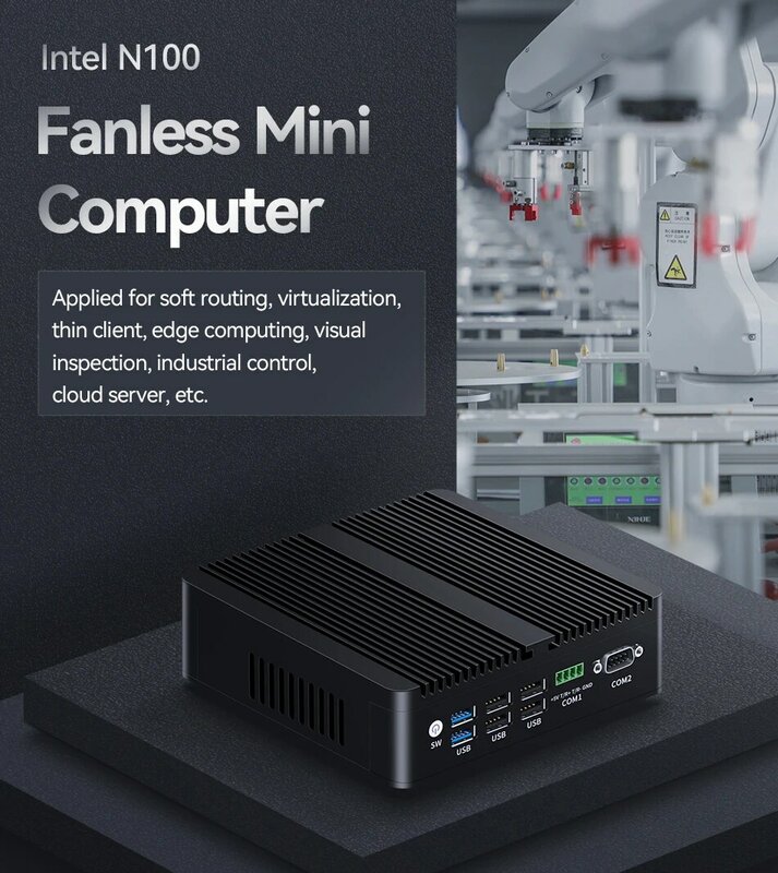 Mini computador industrial fanless, processador Intel, Linux, firewalls de Pfsense, router macio, 4x portas LAN, 2x COM, RS485, RS232, Win11, N100