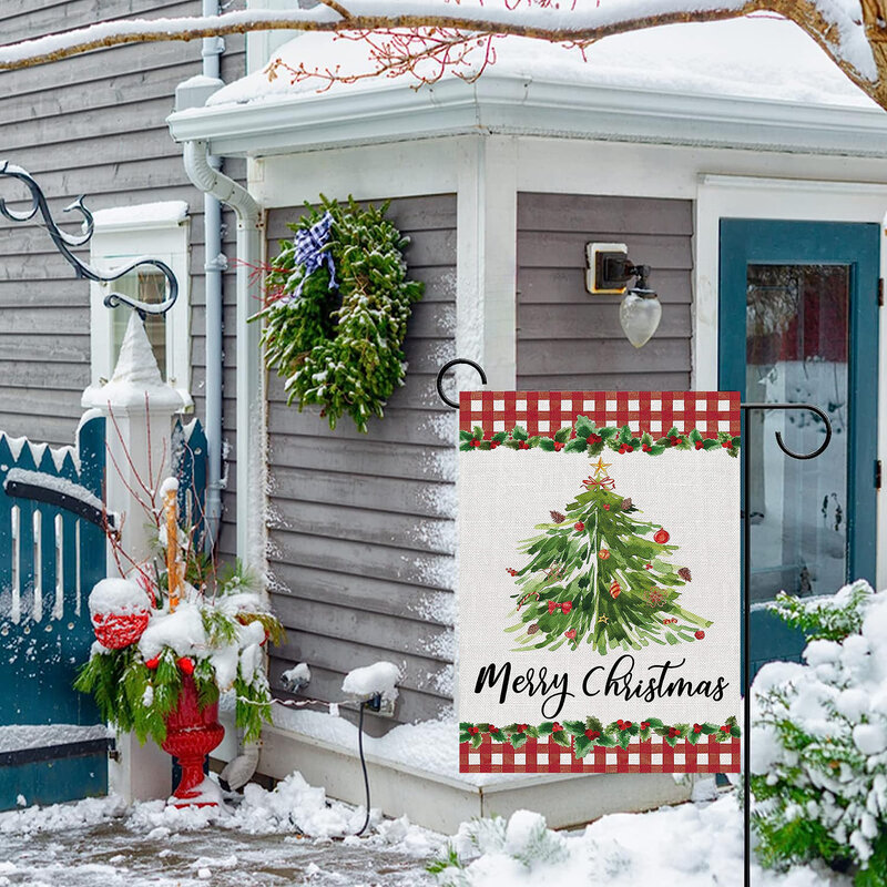両面プリントガーデンフラッグ、クリスマスツリーパターン、雪だるま、クリスマスツリー、ファームヤードの装飾、含まれていません、1個