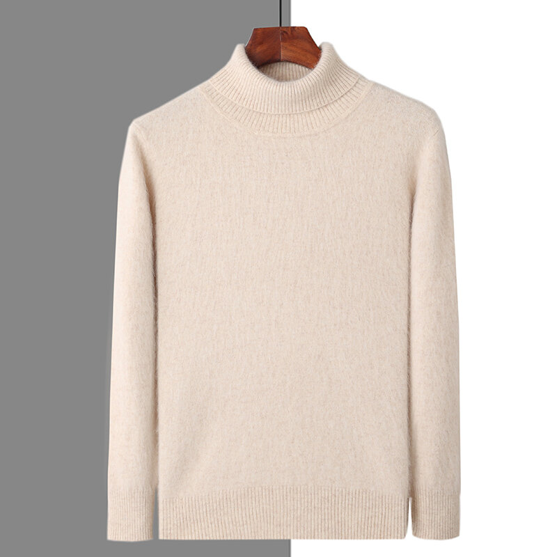 Jesienny i zimowy męski sweter z luźny golf 100% norek z kaszmiru na co dzień męski sweter termiczny w jednolitym kolorze dzianinowy Top Plus Size