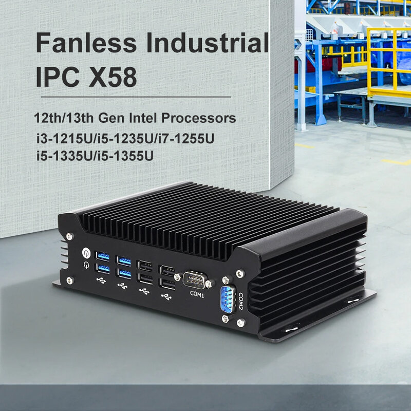 Fanless Industrial Mini PC 13th Intel Core i7 1355U 1255U DDR5 M.2 SSD 2x COM RS232 2x LAN 8x USB WiFi SIM 4G LTE Windows Linux