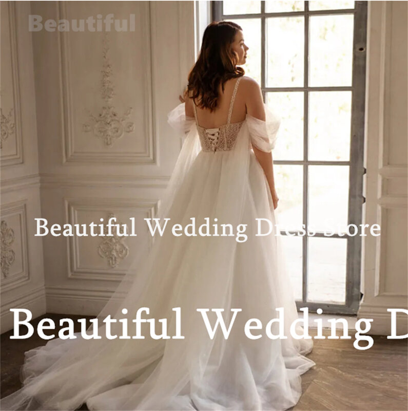 Gaun indah Boho 2024 gaun pernikahan untuk wanita tali selip A-Line panjang-mencapai lantai menyapu kereta gaun pengantin Tulle gaun Prom baru