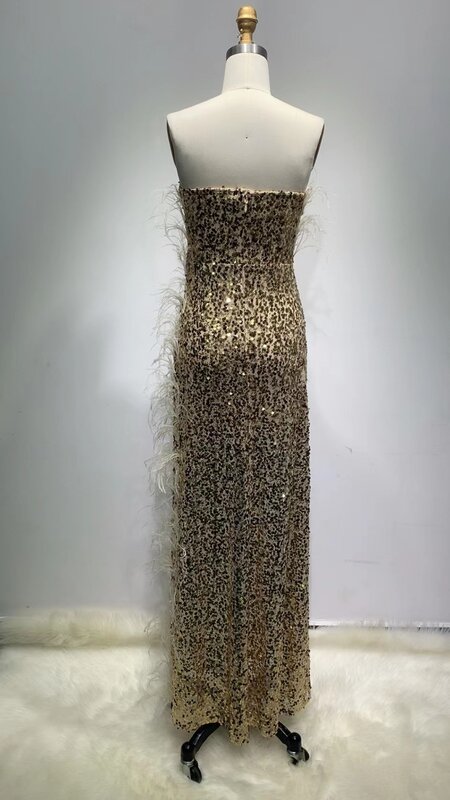 Maxi vestido de lantejoulas dividido coxa feminino com penas, elegantes vestidos de festa, Lady, ED2470