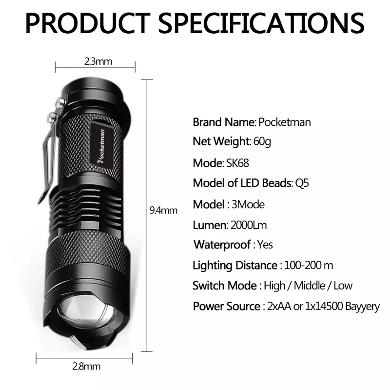 소형 LED 손전등 포켓 줌 가능 토치, 알루미늄 합금 비상 전술 소형 조명, 호신, 슈퍼 브라이트, Q5, 1 ~ 20 팩