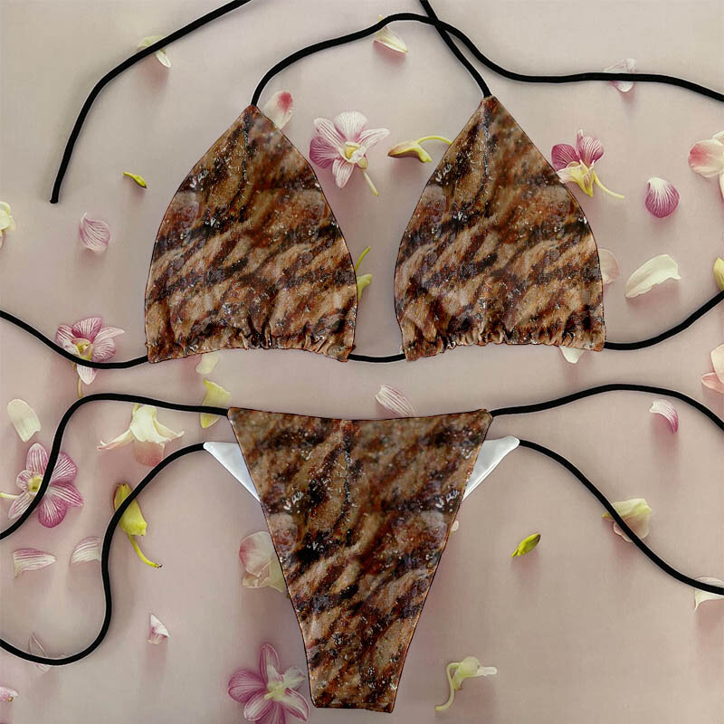 Funny pork belly pattern printed bikini set personality fashionable skinny bikini deep V summer beachwear party bikini