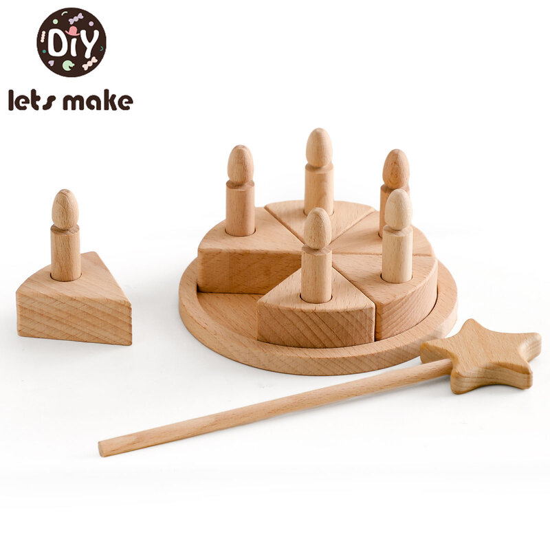 Let's Make-pastel de cumpleaños de simulación para niños, juguete de madera, juego de simulación, paletas de haya, corte de comida, pastel, juguetes Montessori para niños