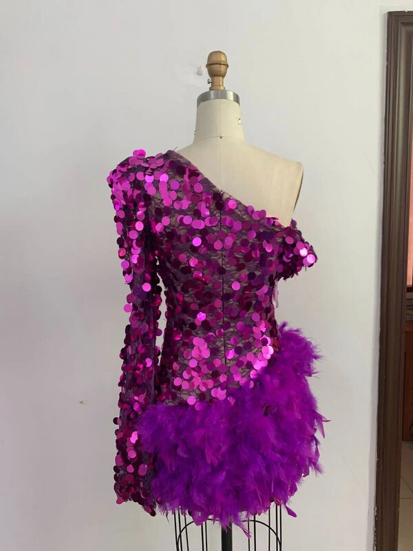 Vestido de fiesta de manga larga de un hombro, lentejuelas púrpuras brillantes de lujo, fiesta de cóctel, graduación, rosa, un solo hombro