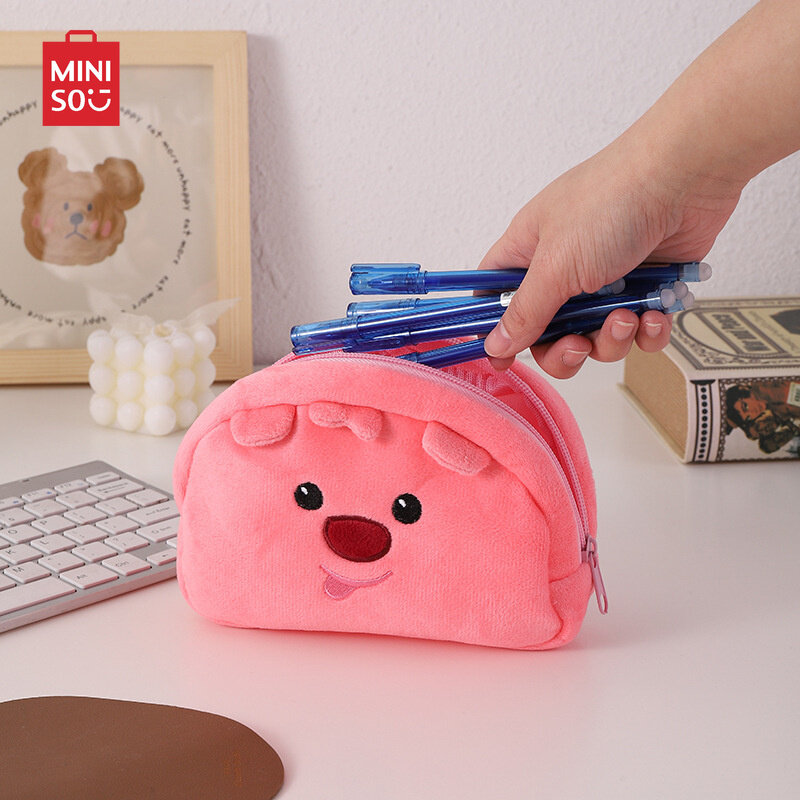 MINISO 2024 Pink Little Beaver Loopy Plush Pen Bag Cartoon Pencil Case Large Capacity Junior High School Students Stationery Bag