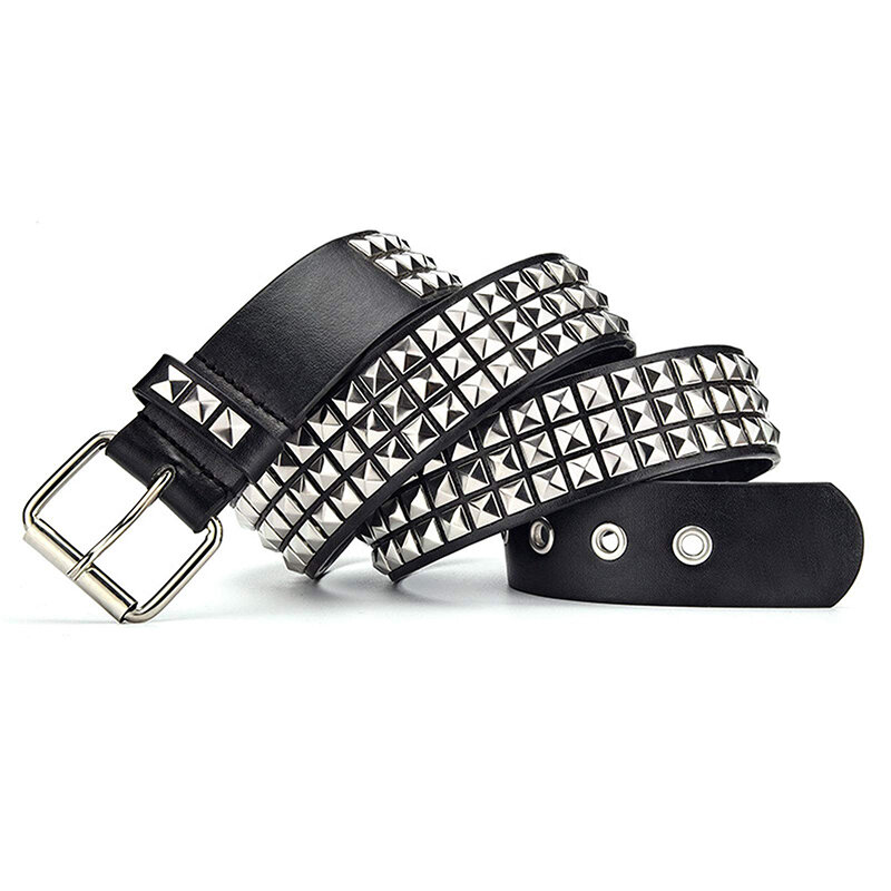 Cinturón de cuero con tachuelas para hombre y mujer, cinturón de cadena con hebilla cuadrada de pirámide Punk, remache de cuero unido, cinturón de cuero negro, pretina para Jeans
