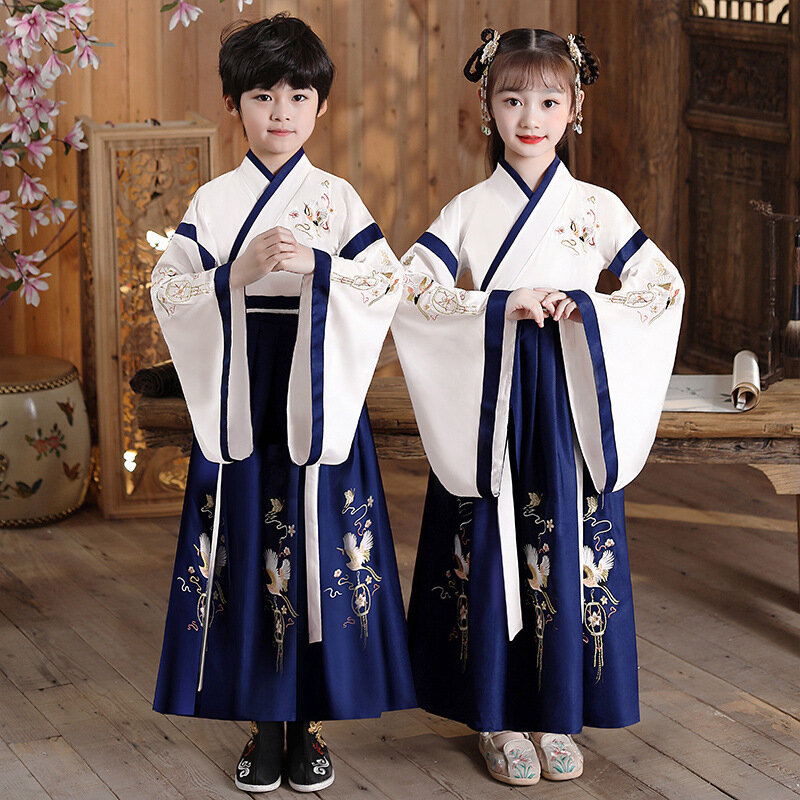 男の子と女の子のための伝統的な中国の漢服、学校の服、古代の子供のパフォーマンス、学生、赤、モダン、スタイル