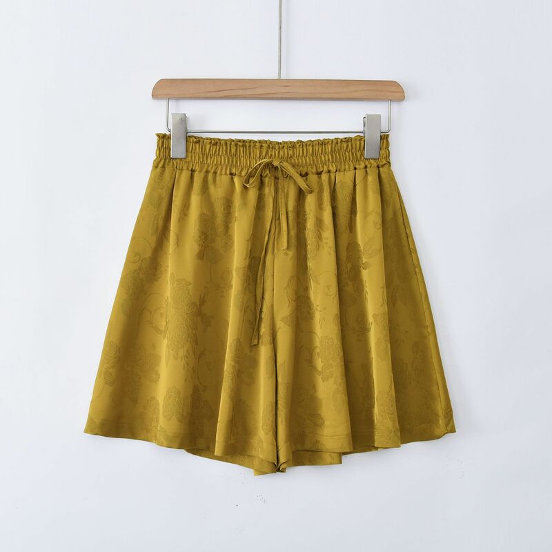 Shorts femininos casuais de flor de cetim, calça curta com sensação de seda, streetwear de cintura alta, roupa caseira