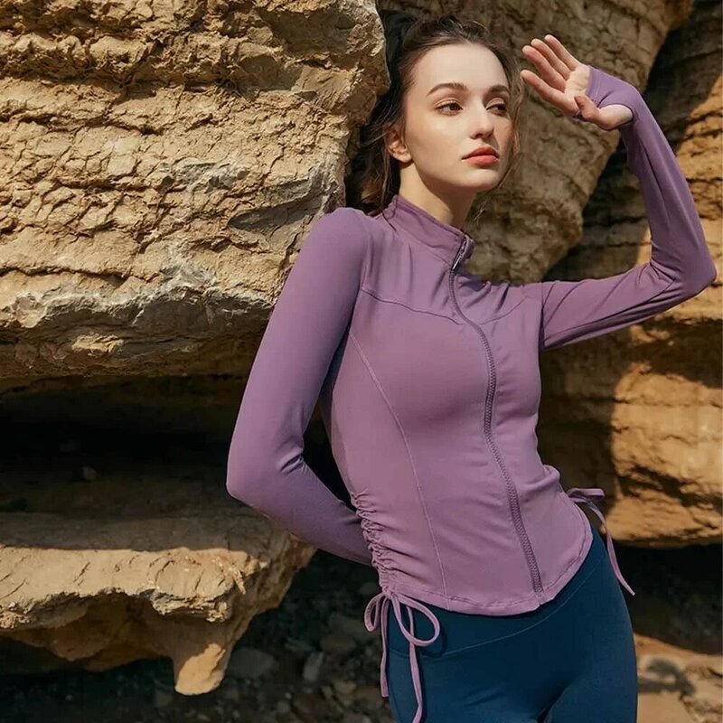 Fall/Winter Zipper Pulling Rope Fitness Jacket Female Stand-up Collar Slim Yoga Wear Long Sleeve Outdoor Running Coat