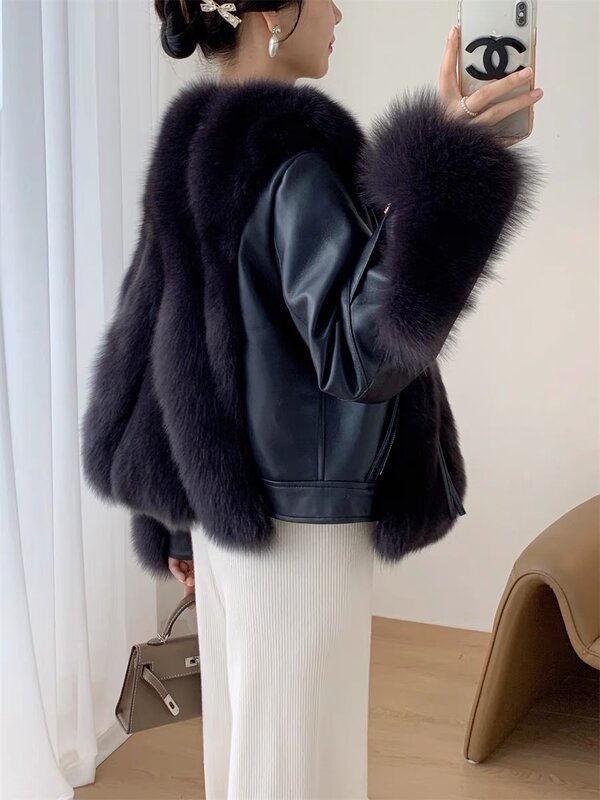 Abrigo de piel de zorro de alta gama a la moda, abrigo de cuero genuino de invierno, abrigo de empalme de cuero de manga larga con cuello de traje