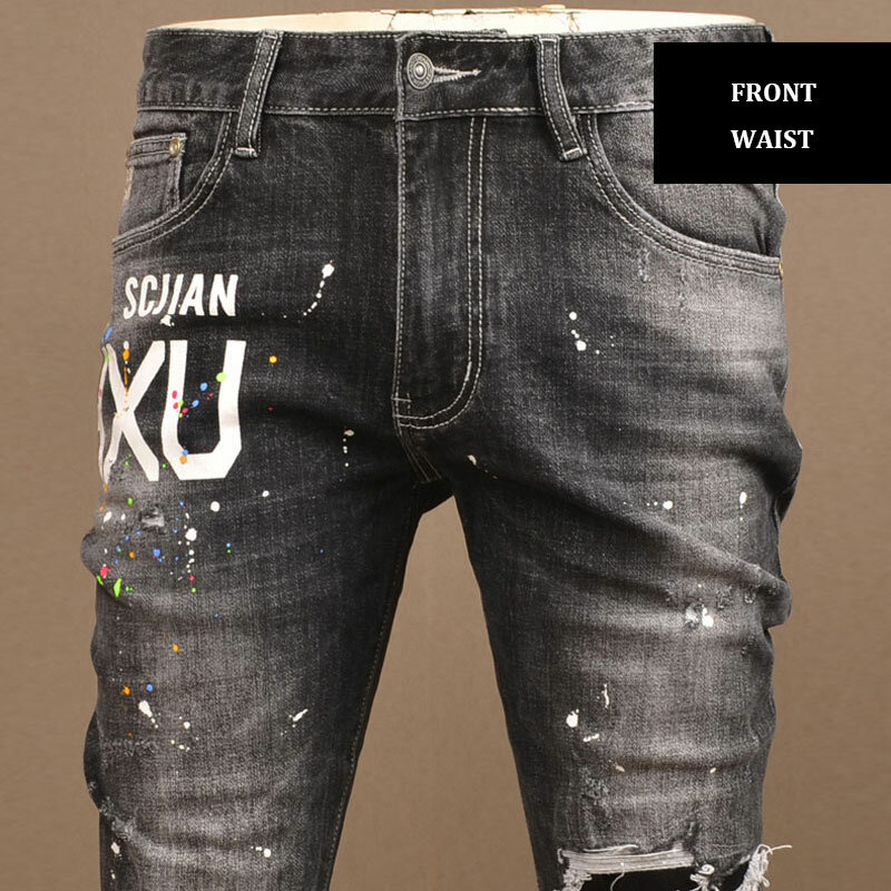 Джинсы мужские Стрейчевые в стиле ретро, модные рваные джинсы Slim Fit с принтом, дизайнерские брюки из денима в стиле хип-хоп, Черные Серые
