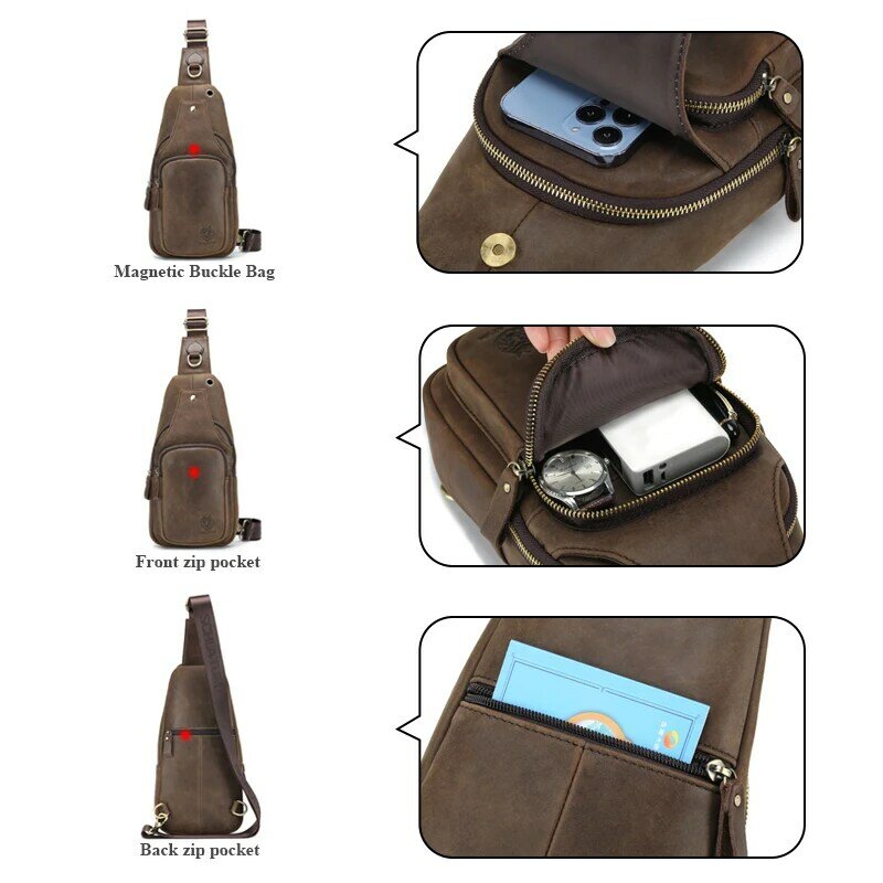 SCHLATUM Chest Bag 100%Genuine Leather Casual Triangle Crossbody Design Travel Shoulder Backpack Men Leather Multifunctional Bag