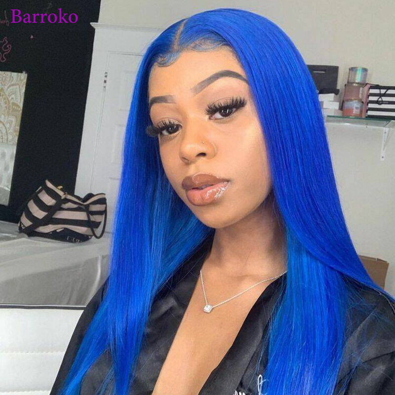 BARROKO − Perruque brésilienne naturelle lisse, avec bonnet en dentelle, cheveux de qualité remy, couleur bleue, 13x6, 14 à 34 pouces, avec baby-hairs, pour femmes africaines
