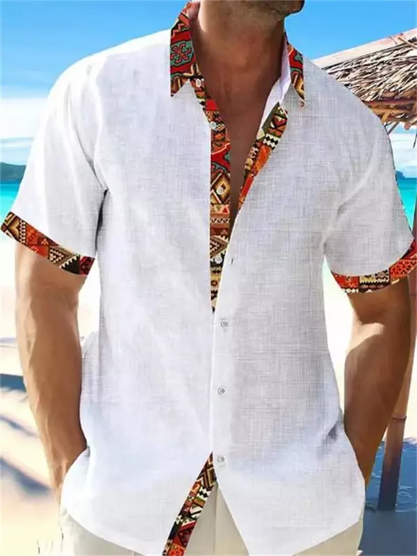 남성용 리넨 반팔 셔츠, 하와이안 캐주얼, 플로럴 비치 탑, 단추 셔츠, 2023 용수철 여름 패션