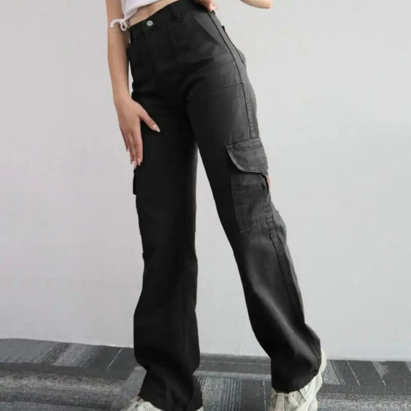 Calças femininas retas, calças elegantes de cintura alta, calças de perna reta multi bolso, moda streetwear casual