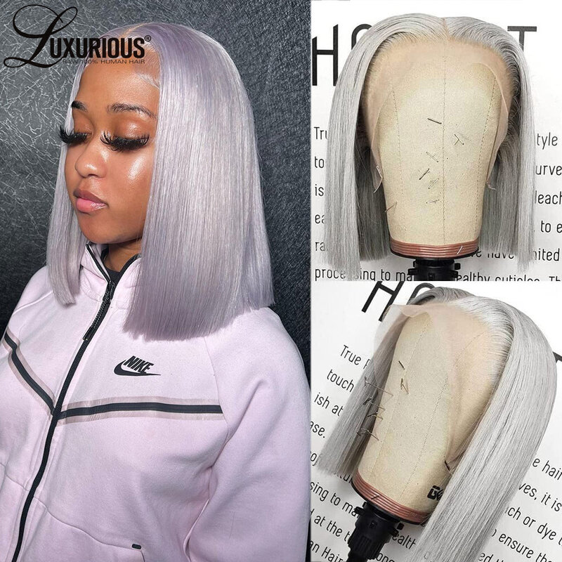 13 × 4 Короткие серебристо-серые шелковистые прямые волосы, предварительно выщипанные бразильские натуральные человеческие волосы, парики для женщин с прозрачной кружевной передней частью