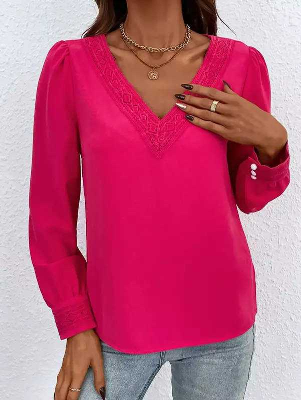 2024 New Shirt Women's Long sleeved Versatile Rose V-neck Elegant and Elegant Style