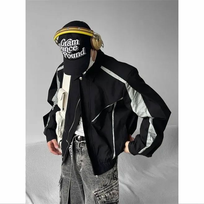 용수철 남녀공용 오버사이즈 윈브레이커 재킷, 불규칙한 스플라이스 재킷, 스트리트웨어 코트, 가을 아우터