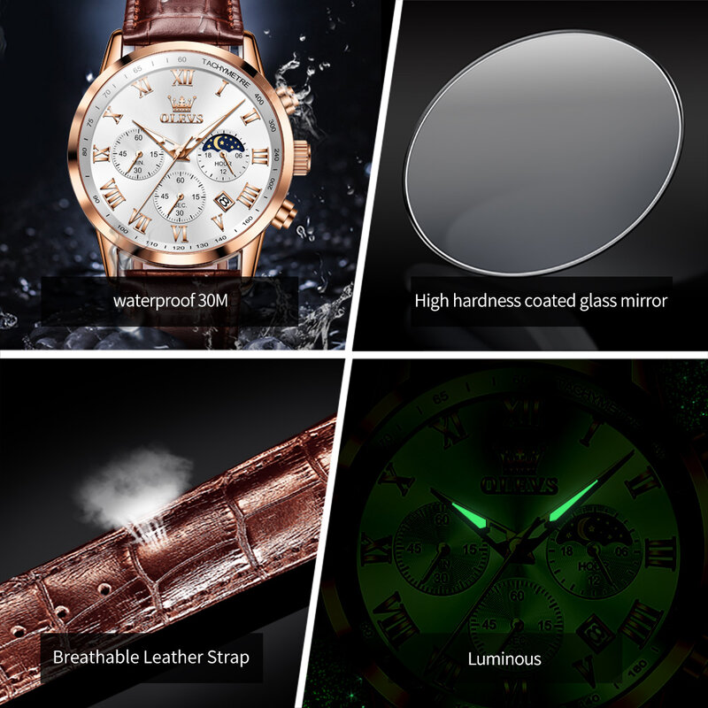 OLEVS นาฬิกาสำหรับบุรุษแบบใหม่แบรนด์หรูสำหรับผู้ชายนาฬิกาควอทซ์สายหนังดวงจันทร์กันน้ำวันที่