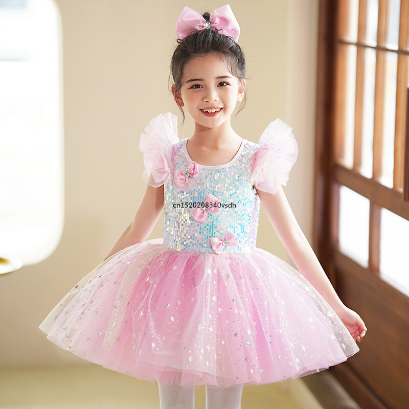 Children's Latin dance dance costume costume Kindergarten cute pompadour dress costume Girl sequin gauze dress Princess dress
