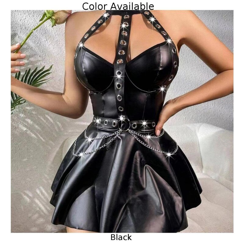 Sexy Womens Lingerie Set Wet Look Short Dress PU Leather Punk Dress Erotic Night Party Clubwear Cosplay Costume Erotic Apparel