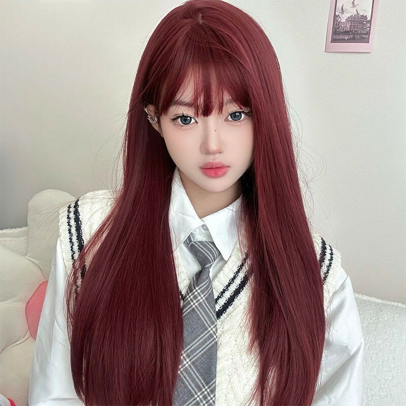 Long Blonde Full Bangs Wig Women 24 Inch High Quality Synthetic Long Straight White Hair Lolita Wig Natural Glueless Wig Cosplay