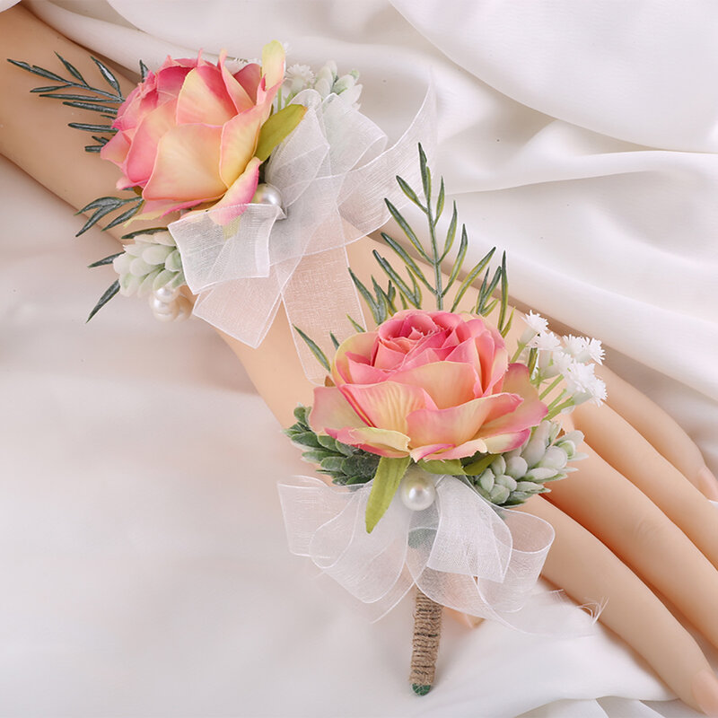 Boutonnieres de casamento rosa seda marfim para homens, alfinetes de fita, florais artificiais, baile nupcial, acessórios de decoração nupcial