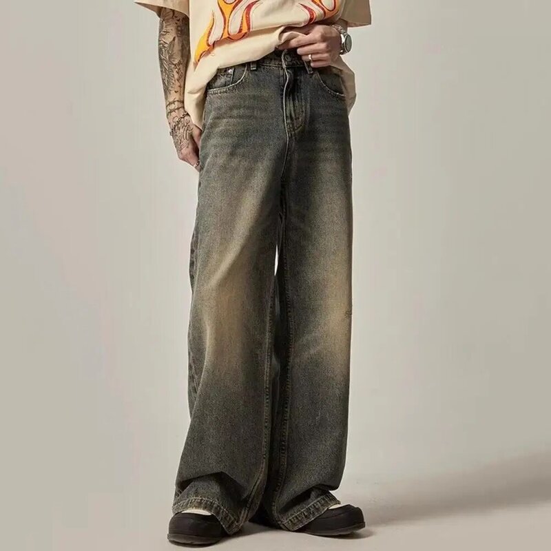 Men Denim Trousers Retro Hop Men's Jeans with Gradient Contrast Color Wide Leg Design Button Zipper Closure Stylish Denim