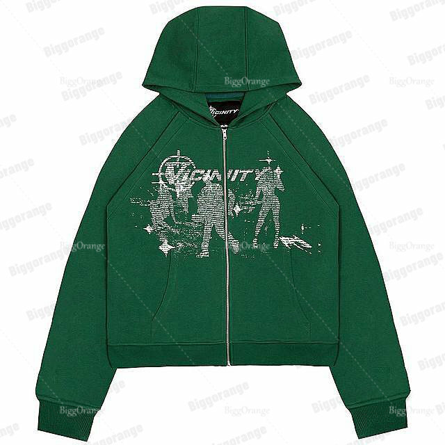 High Quality American Retro Streetwear Green sweater hoodie letter Print Zipper Y2k Clothes Hip Hop Sweatshirts Loose Coat