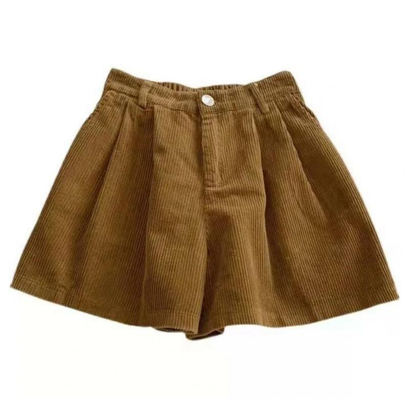 Pantalones cortos de pana Vintage para mujer, Shorts elásticos de cintura alta con botones y cremallera, pantalones cortos con bolsillos, pantalones cortos de pierna ancha