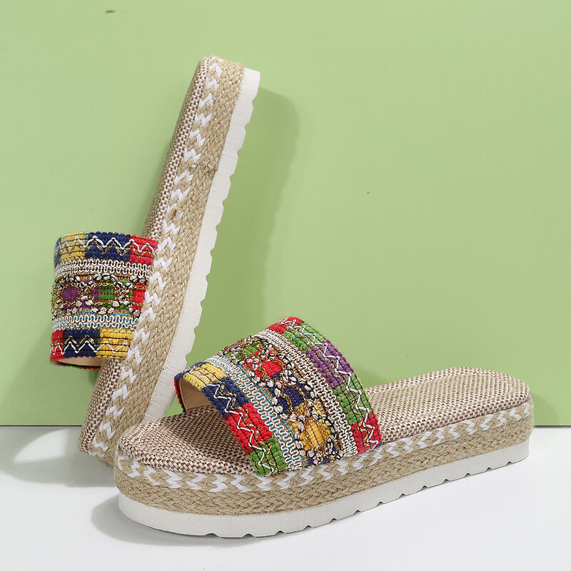 Zapatillas tejidas con plataforma para mujer, zapatos de verano, Sandalias de tacón informales de playa, alpargatas bohemias hechas a mano, novedad de 2023