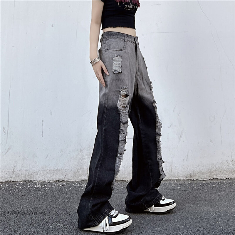 Jeans de cintura alta feminina com furo, calça jeans de perna larga, versátil, lavada, moda de rua alta, verão, novo