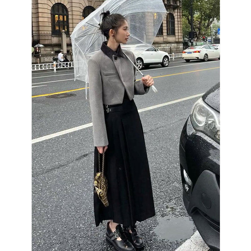 Wysokiej jakości wyczucie mody jesienno-zimowej francuski Vintage mały zestaw zapachowy damski Grey bluzka spódnica dwuczęściowy komplet